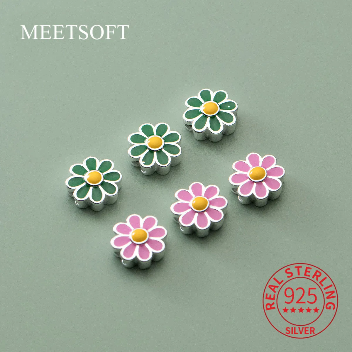 

MEETSOFT Classic 925 Sterling Silver Enamel Flowers Beads Charms of DIY Handmade Making Bracelets Accessories Gift Wholesale