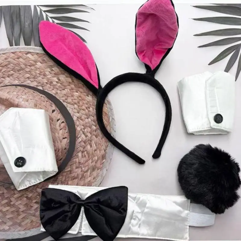 Rabbit Costume Accessory Set with Headbands, Neck Tie, Cuffs and Pom Tail Costumes Outfit for Easter Parties and Cosplay 6XDA