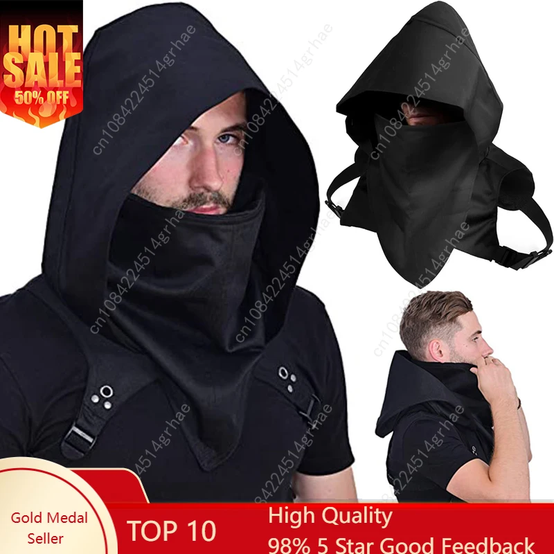 

Men's Medieval Vintage Pirate Cosplay Hooded Cloak Black Cyberpunk Rogue Cowl Hood Scarf Halloween Party Costume Props
