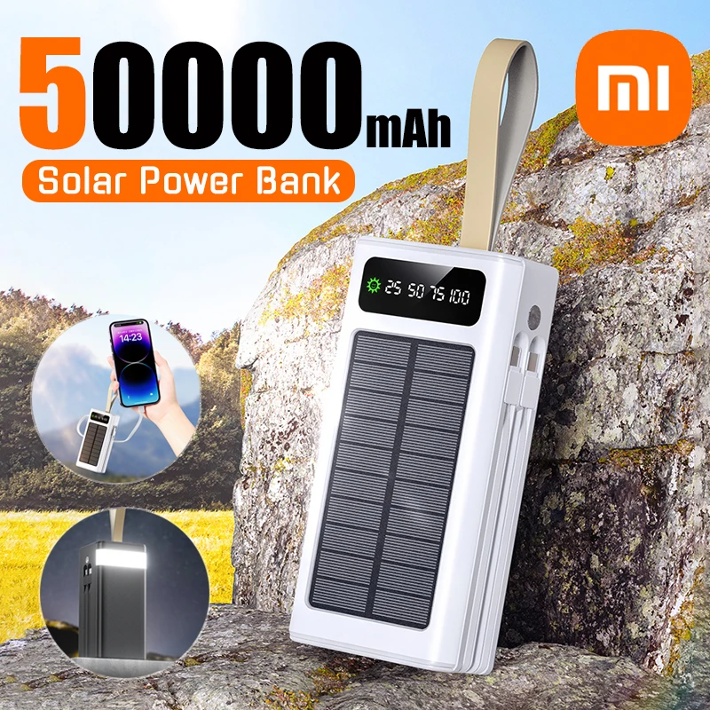 Xiaomi 50000mAh Large Capacity Solar Power Bank Built-in Cables External Battery LED Light Power Bank for iPhone Huawei Samsung