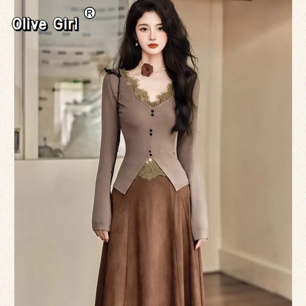 가을 겨울 한국 니트 탑 셔츠 블라우스 레이스 우아하고 섹시한 브라운 하프 스커트 여성 세트 투피스 세트