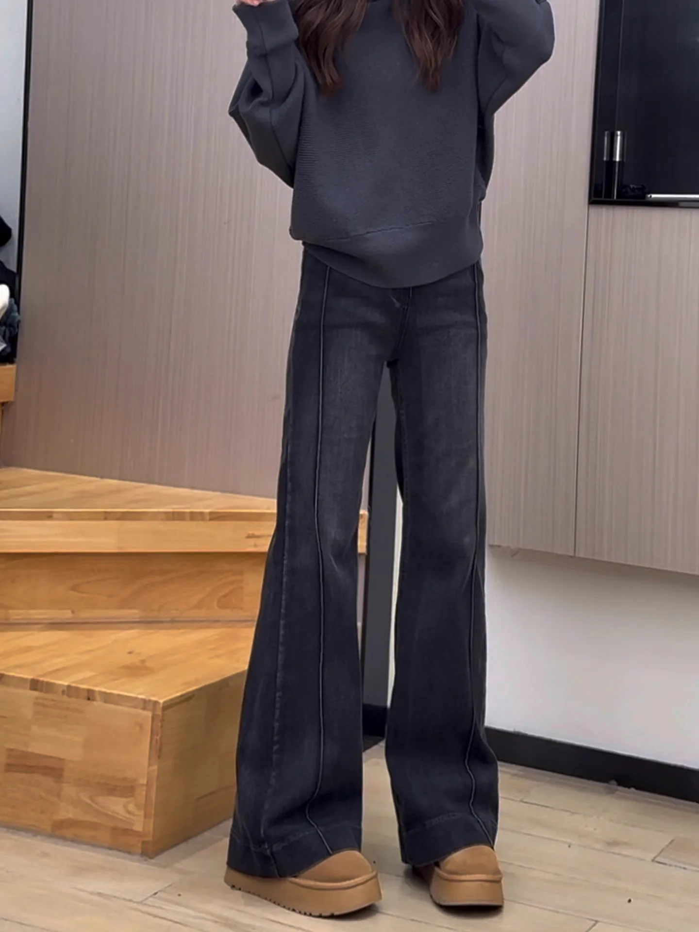 High Waist Flared Jeans Women's Fce Lined Bootcut Pants Straight Leg Casual Sle Winter New Small Size Non-Matching Leggings