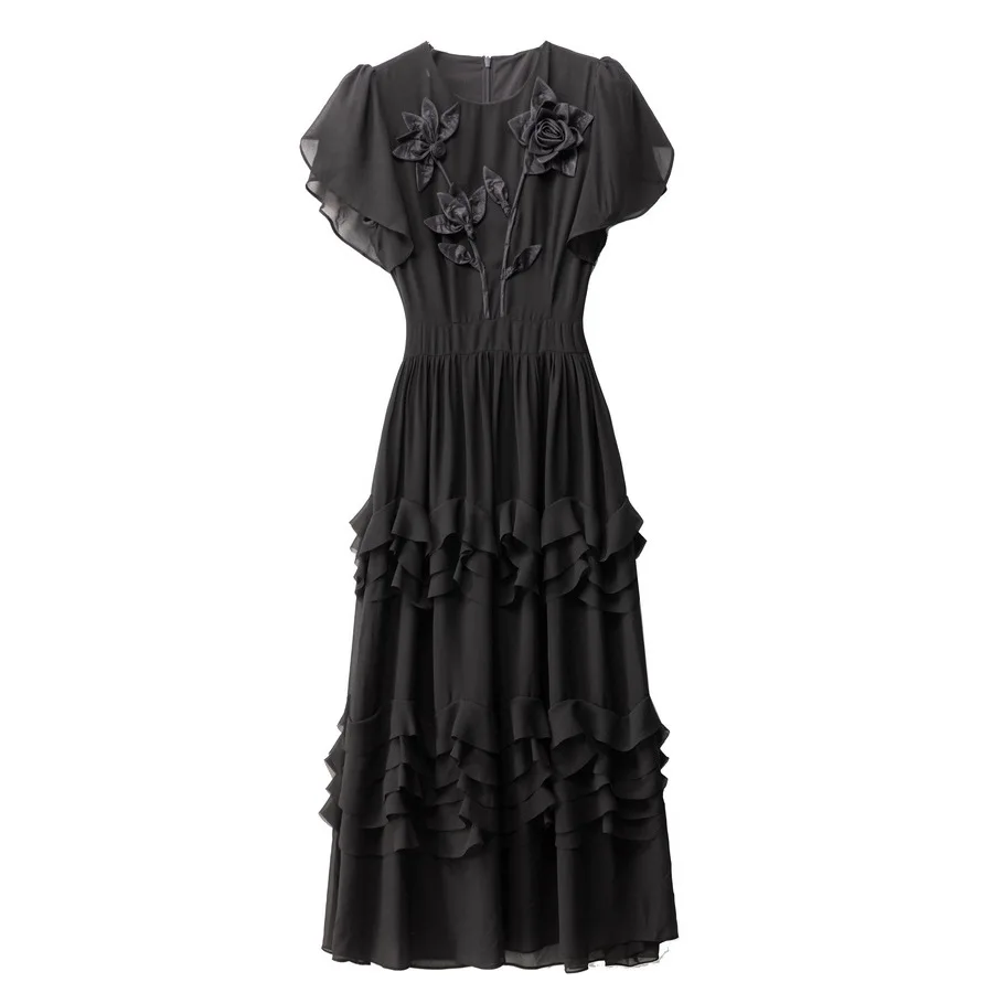 

Meyyithun Women's Dress Fashion design Short-Sleeved Flounced Edge Splicing Appliques Solid Elegant Long Dresses