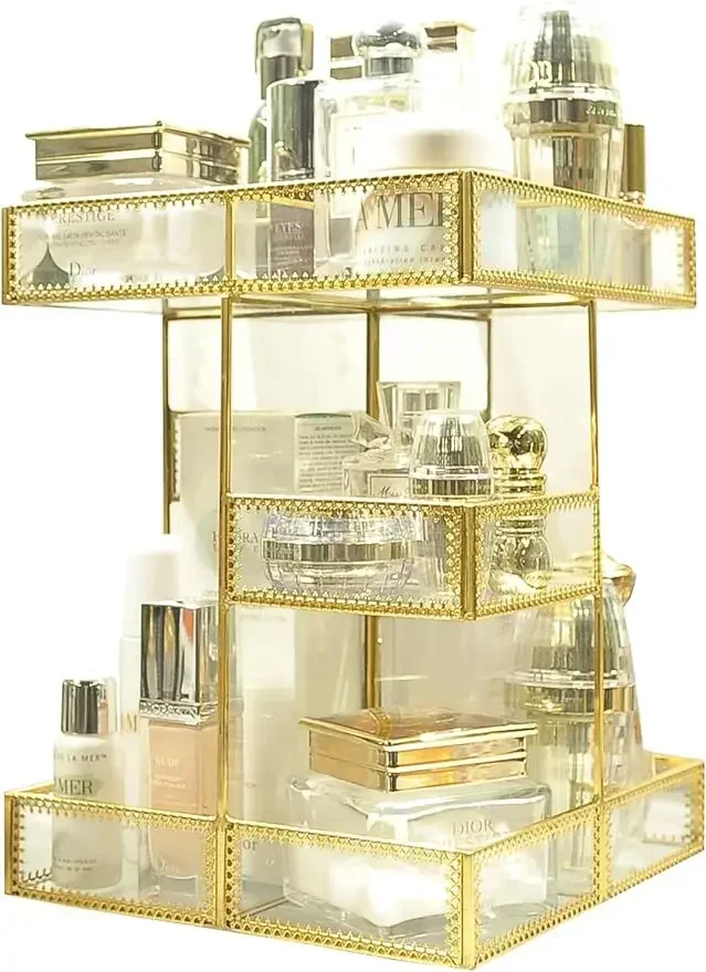 

360 Degree Rotation Makeup Organizer Antique Countertop Cosmetic Storage Box Mirror Glass Beauty Display