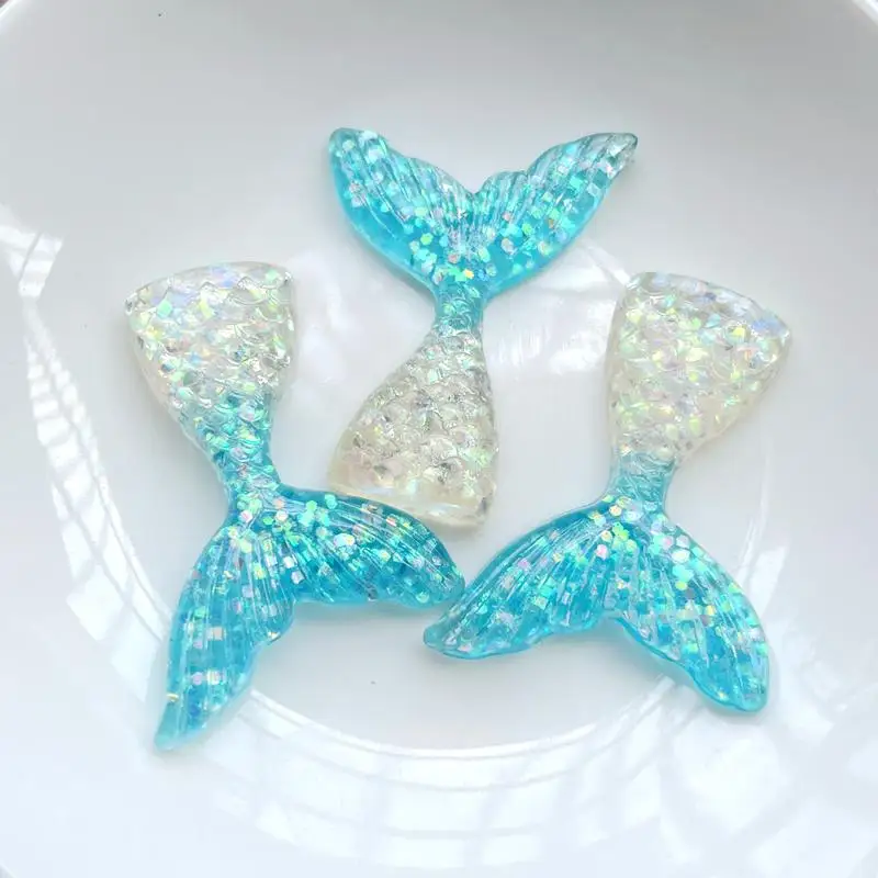 8 pieces of 30mmX40mm water blue Sequin Mermaid tail resin flat back DIY clip thin resin crafts