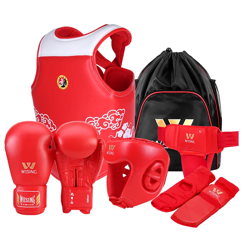 WESING PU Leather 6 Pieces Sparring Gear Set Martial Arts Sanda Wushu Equipment Gear Set