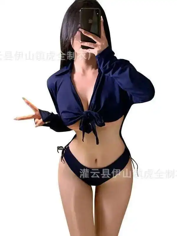 Tuta a maniche lunghe stile camicia con cavallo regolabile Uniforme Lingerie sexy Glutei e set petto esposti sexy Affascinante 9MCQ