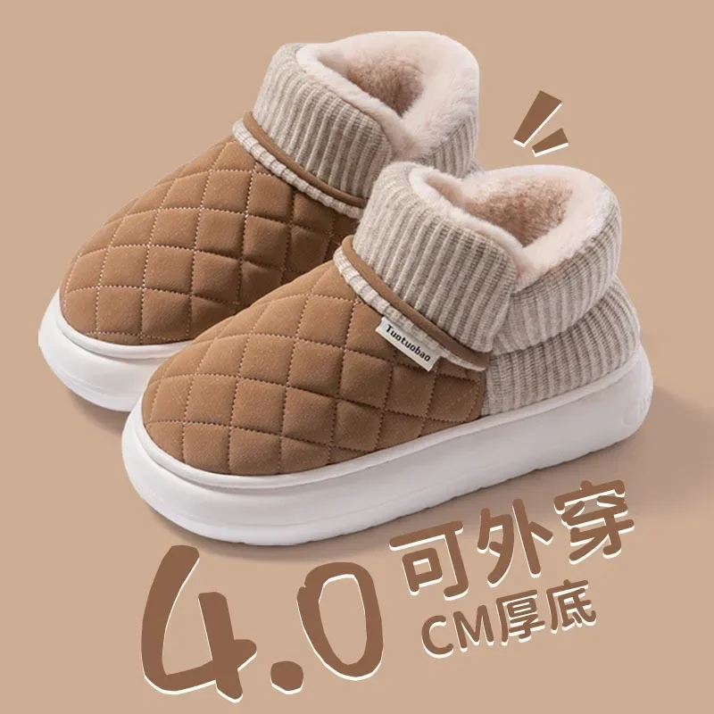 Fashion Couple Winter Warm Plush Slippers Thick Sole Non Slip Casual Cotton Shoes Woman Corduroy Soft Indoor Home Slippers