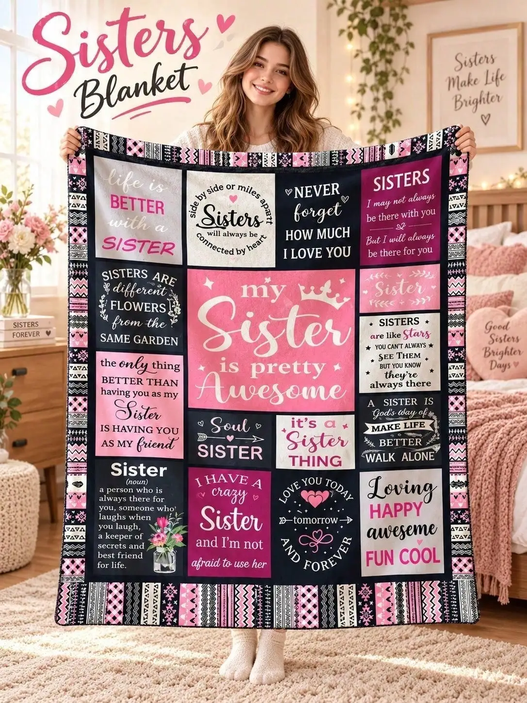 Sister Typography Hearts Friendship Flannel Blankets Sofa Bed Throw Home Decor Bedroom Living Room Christmas Halloween Thanksgiving Birthday Anniversary Housewarming Gift Family Friends Guestroom Apartment Winter Holiday Reading Nook Dorm Office