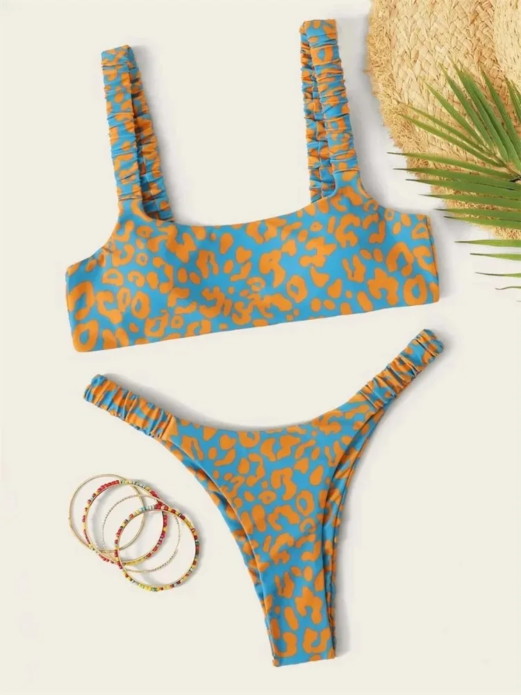 2025 nuevo Sexy mujer naranja leopardo Micro Bikini Push Up acolchado Tanga recortado traje de baño traje de baño de verano traje de baño de mujer