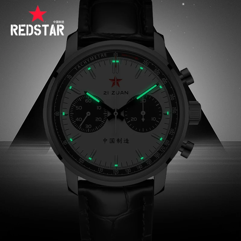 Red Star Men\'s 1963 Chronograph Mechanical Watch Pilot Original ST1901 Movement Re-Engraved Luminous Aviation Flight Retro Clock