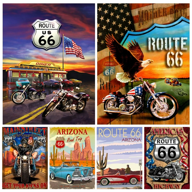 Route 66 Road Trip 5D Diamond Painting AB Full Drills American Highway The Mother Road Scenery Cross Stitch Mosaic Home Decor