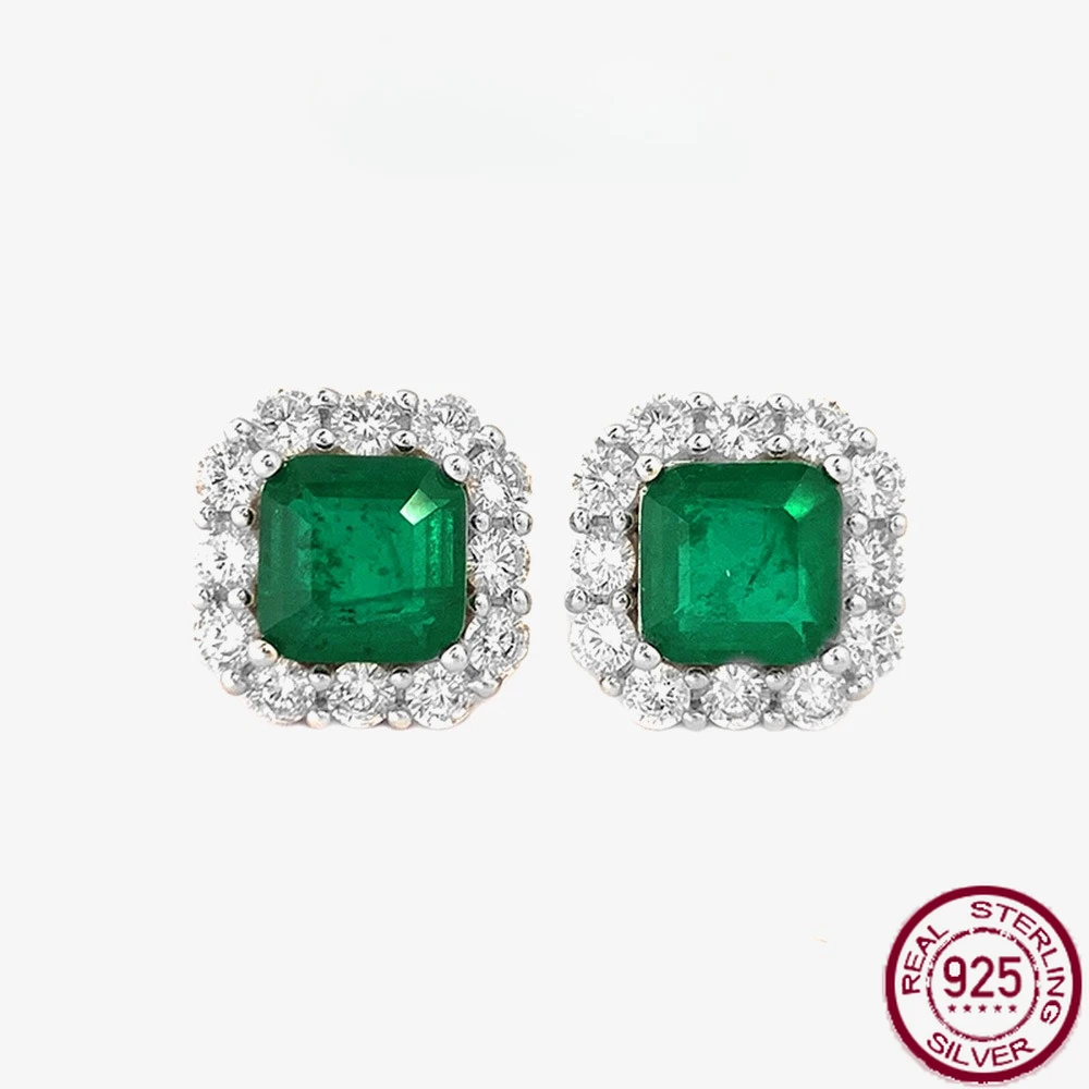 New S925 silver 2-carat synthetic emerald retro square 7 * 7 earrings light luxury full diamond earrings engagement jewelry