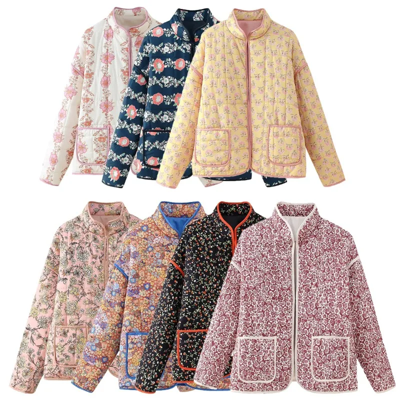 

Женская оптовая продажа, осенне-зимняя свободная хлопковая куртка с воротником-стойкой, верхняя одежда с цветочным принтом, женское короткое хлопковое пальто