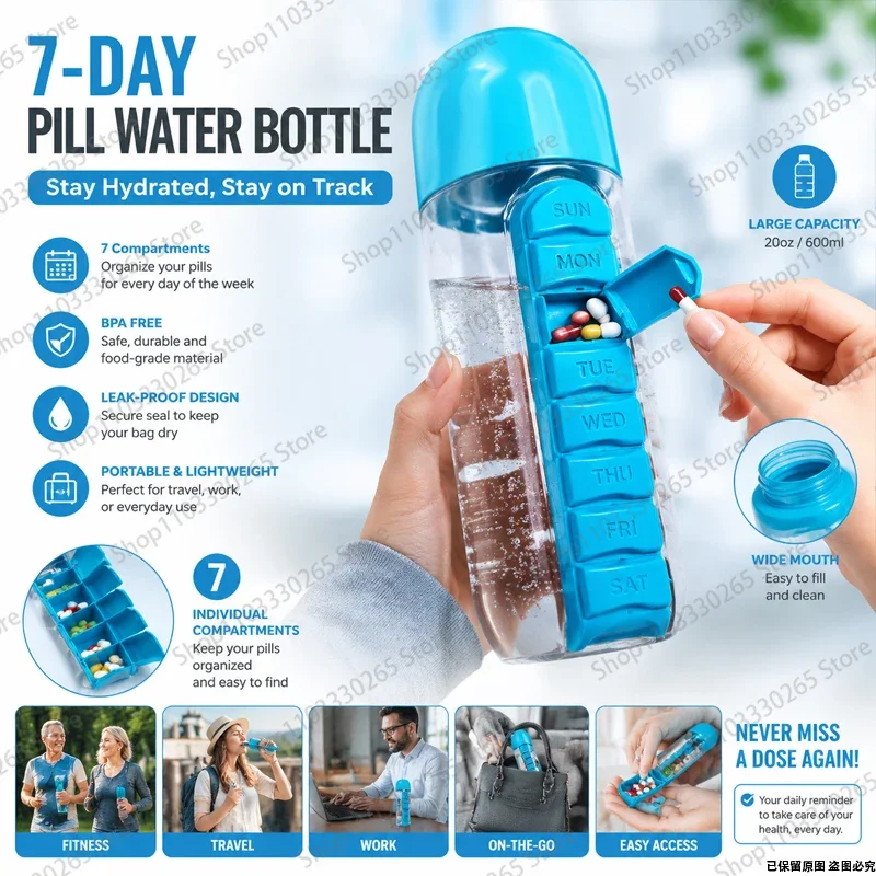 2-in-1 7-Day Pill & Water Bottle, Portable Leak-Proof Hydration Vessel with Built-In Weekly Pill Organizer for On-the-Go