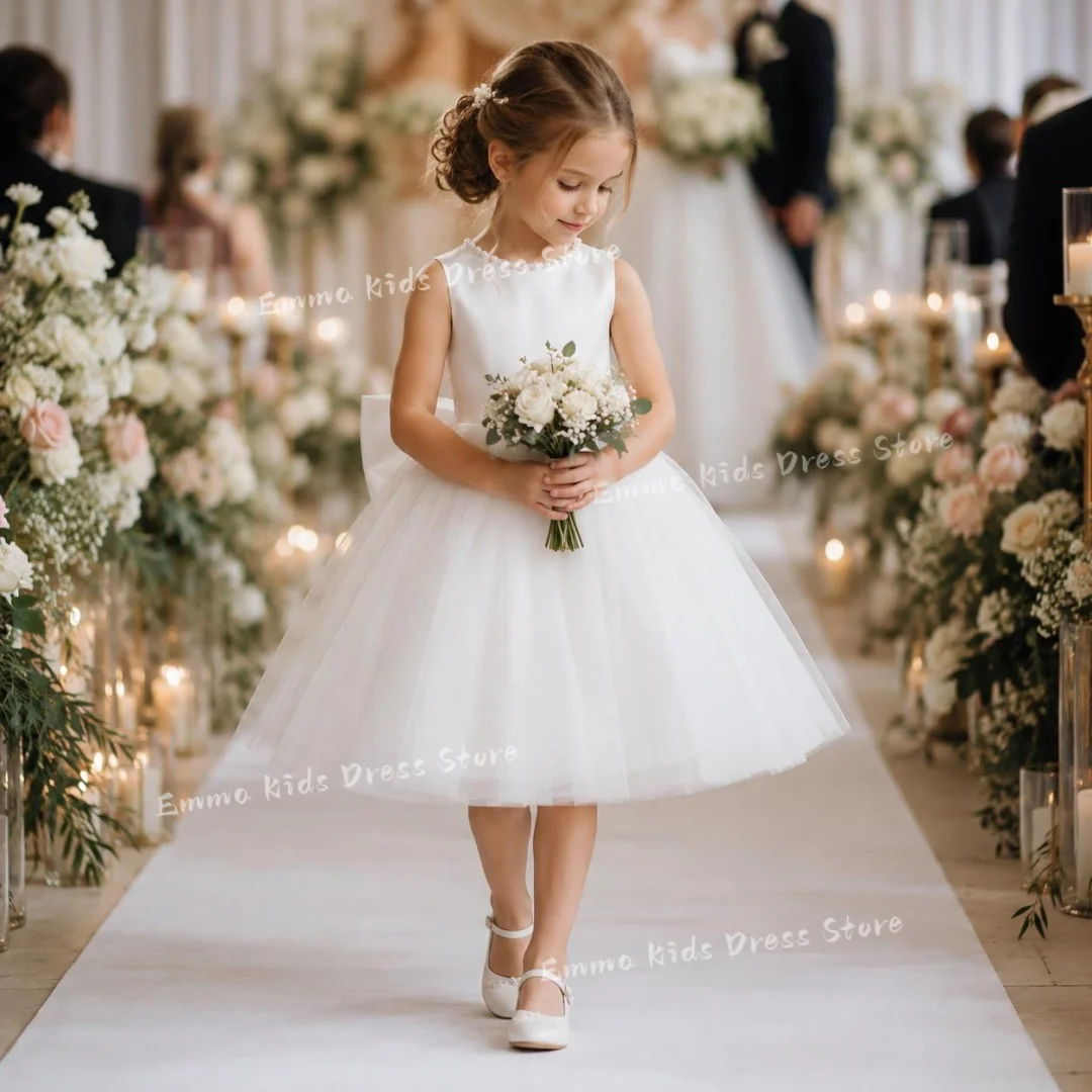 Custom White Flower Girl Dress Sleeveless Tulle Skirt Bow Back A-Line Tea Length Gown for Wedding Communion Kids