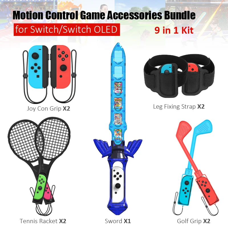 

9 in 1 Motion Control Game Accessories for Nintendo Switch OLED Sports Golf Club/Tennis Racket/Leg Fixing Strap for NS Switch