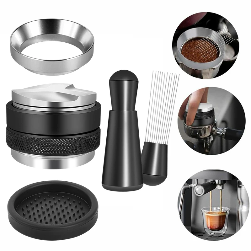 [2025h] 5 peças kit distribuidor de café e nivelador de adulteração wdt ferramenta e funil de dosagem conjunto se encaixa 51/53/58mm acessórios de café expresso