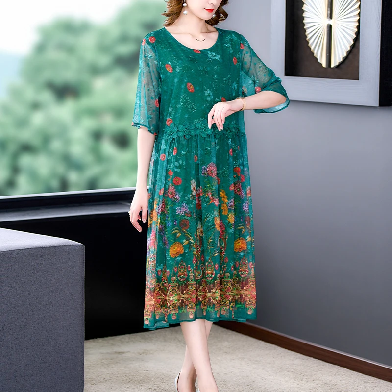 ZUOMAN Vintage 5XL Plus Size Midi Dress Green Summer Loose Floral Mulberry Silk Dress Women Elegant Bodycon Party Vestido