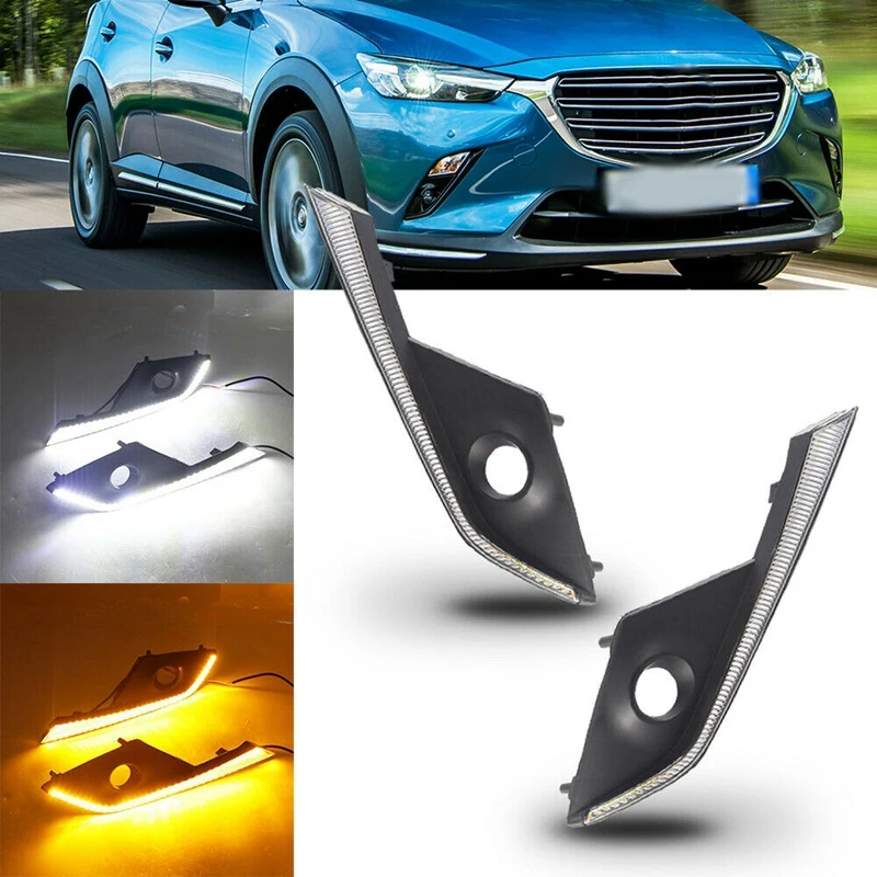 

Car Daylight LED DRL Daytime Running Light Fog Lamp Cover With Turn Yellow Signal For Mazda CX3 CX-3 2016-2018