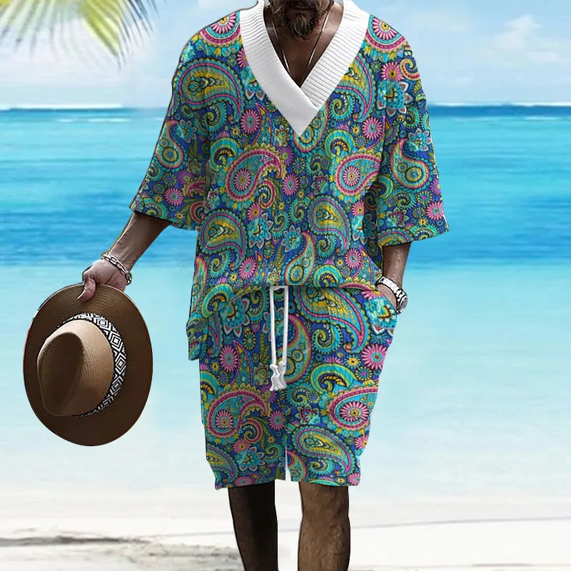 

2024 Summer New Men's Set Hawaiian Style Casual Loose Plus Size Men's Wear V-neck Half-sleeve T-shirt And Shorts Two-piece Set