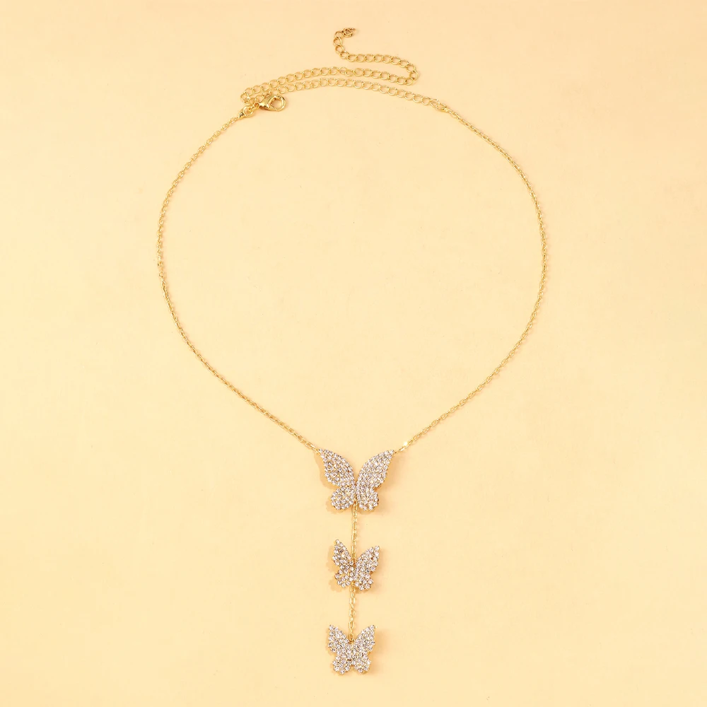 Butterfly Pendant Lariat Necklace Women Y Shape Silver Color Rhinestone Long Body Chain Jewelry Party Gift Accessories