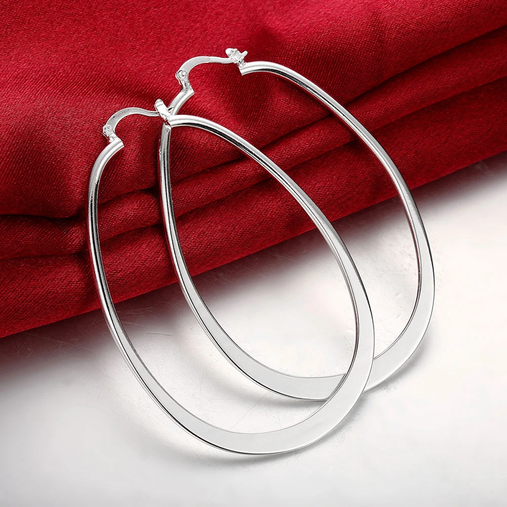 

High Quality Charm 925 Sterling Silver Earring for Woman Fashion Jewelry flat geometry long Big hoop earrings wedding Gifts