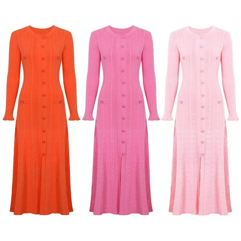 

High-End Quality Women's Knitted Long Sleeve Dress Slimming Elegant Lady Style Midi Dress Casual round Neck Single Button Clo...