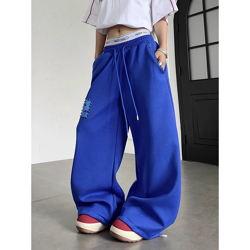 ZHIZOU Women Blue Baggy Wide Leg Sweatpants Oversize Rivet Pants Harajuku American 2000s Vintage Y2k Letter Print Dance Trousers