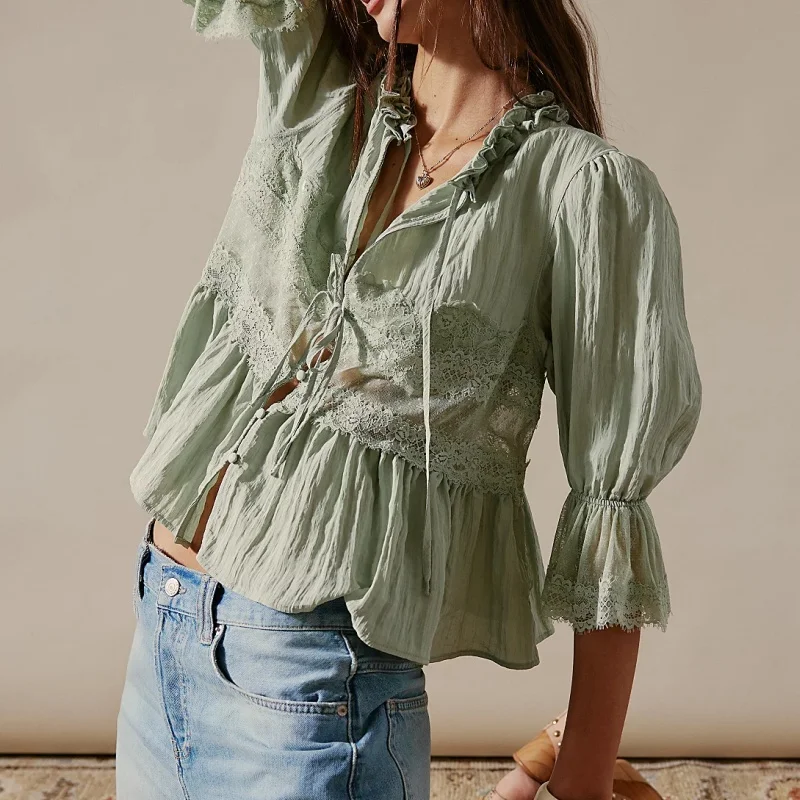 المرأة كشكش ربطة القوس فيونكة بيبلوم القمم بوهو شير فلوي كم قصير بلوزة الدانتيل العيينة مكشكش بيبي دول تيز قميص الشارع الشهير