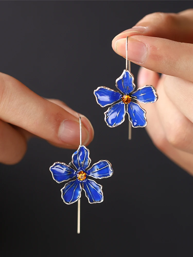 Exquisite Blooming Blue Flower Long Hook Earrings for Women, Fine Jewelry, Orange Crystal, Wedding, Engagement, Gift