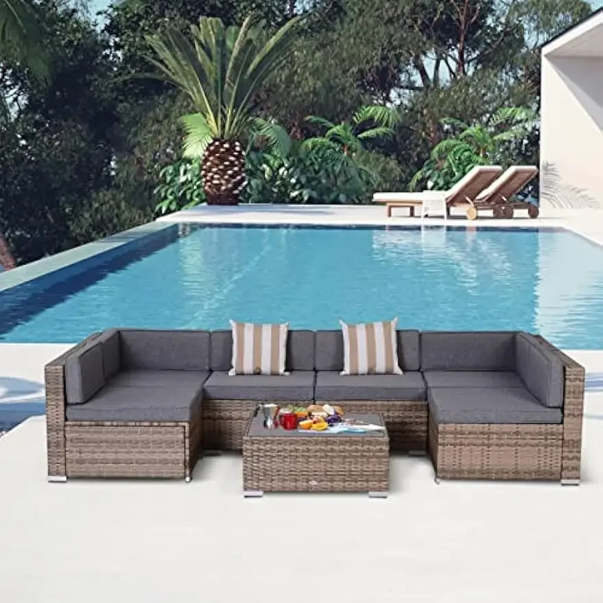 

7-Piece Patio Furniture Set, Outdoor Wicker Conversation Set, with Cushions and Faux Wood Table, Stripe Pillows, Gray