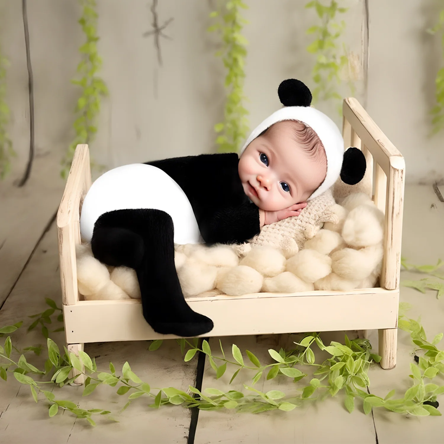 Ylsteed Black White Newborn Panda Outfit for Photo Shooting Teddy Bear Hat and Footie Romper Newborn Boy Photoshoot Outfits