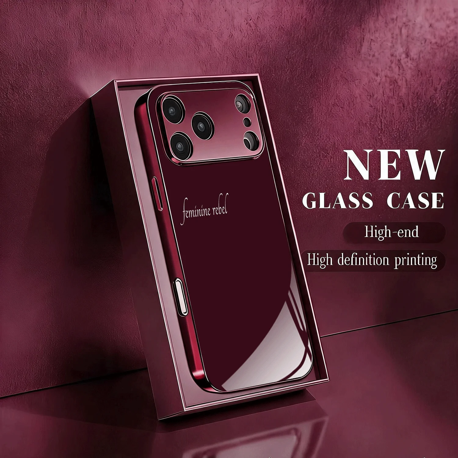 New Wine-red Electroplated Glass Phone case, suitable for iPhone 18, 17, 17pro, 16, 15, 14, 14plus, 13, 12, 11, etc.