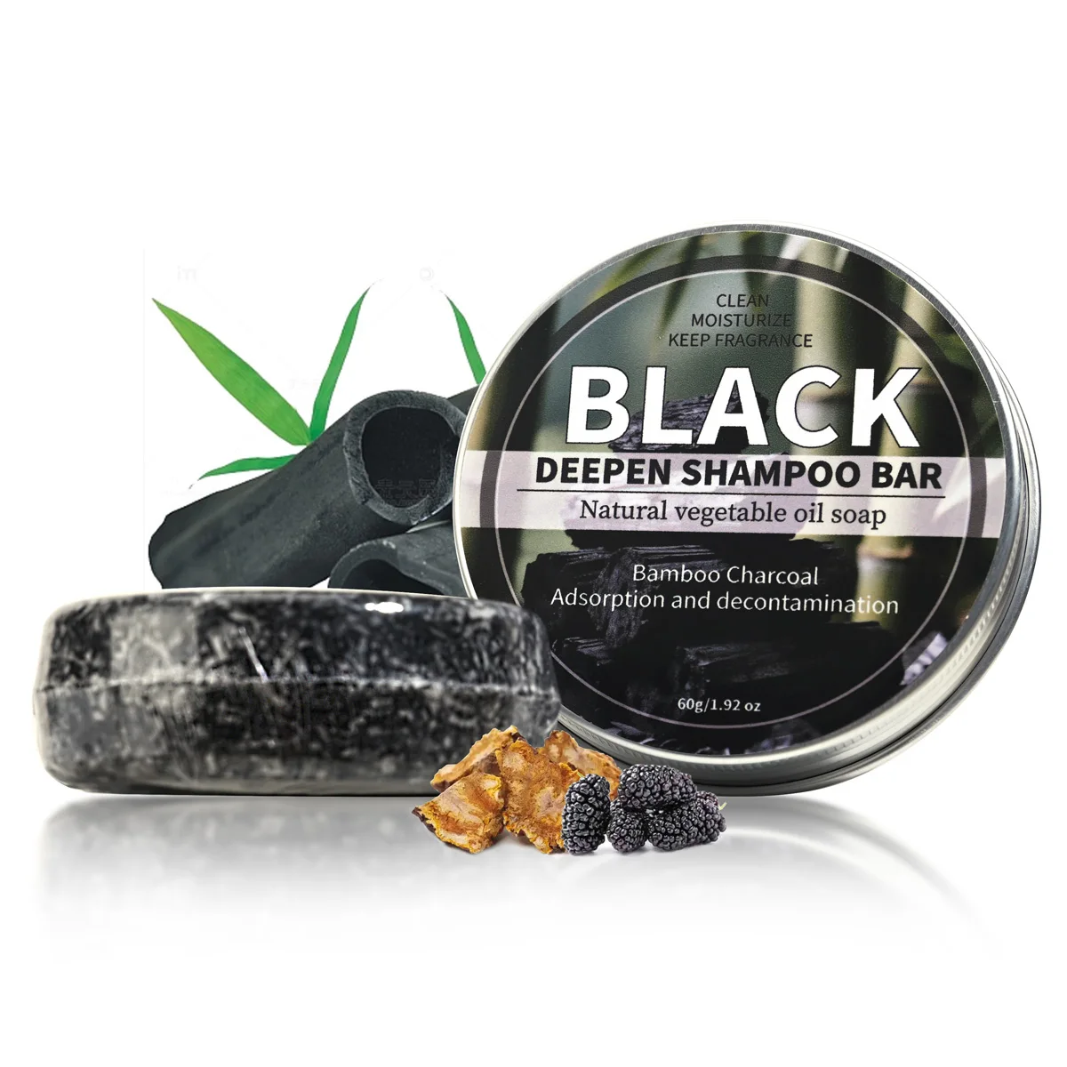

Мужской темно-черный шампунь для глубокой очистки волос, мыло с растительным эфирным маслом, мыло ручной работы, портативное алюминиевое мыло в коробке для путешествий, отеля