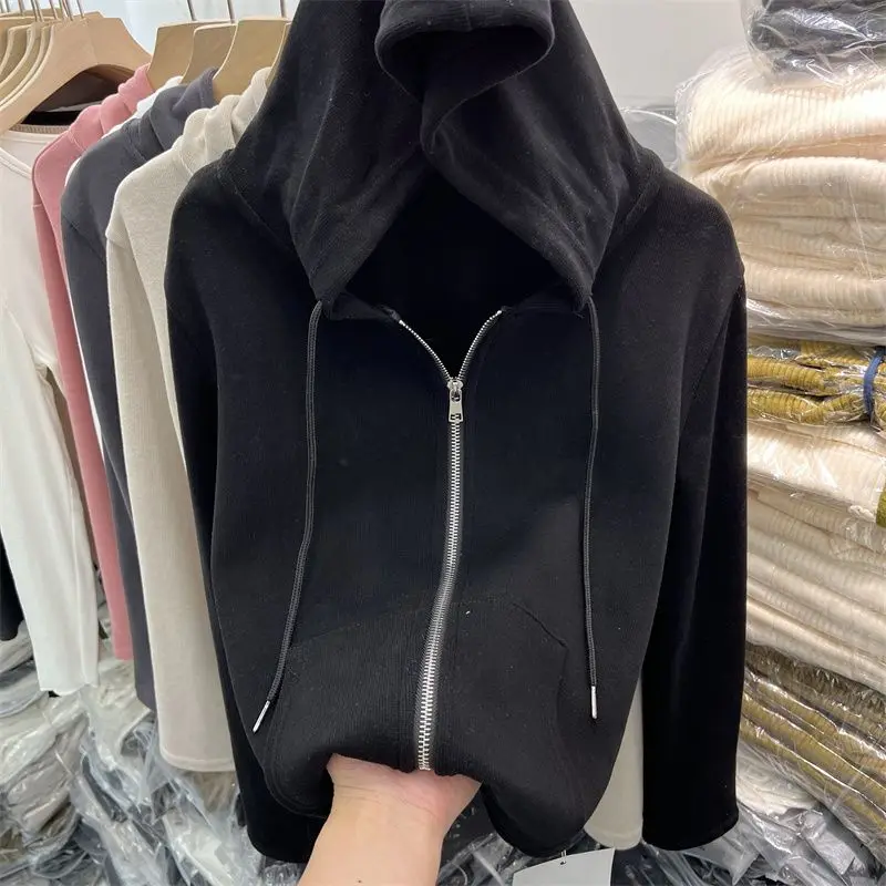 Hooded Hoodies Women Double-zippers Lace-up Solid Long Sleeve Casual Sweatshirts Spring New Tops Tender All-match Simple Fashion