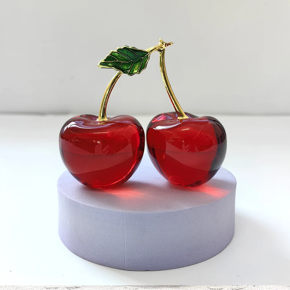 Crystal Cherry Figurine Collectible Paperweight Glass Fruit Ornament Tabletop Centerpiece Home Office Desktop Decor Wedding Gift