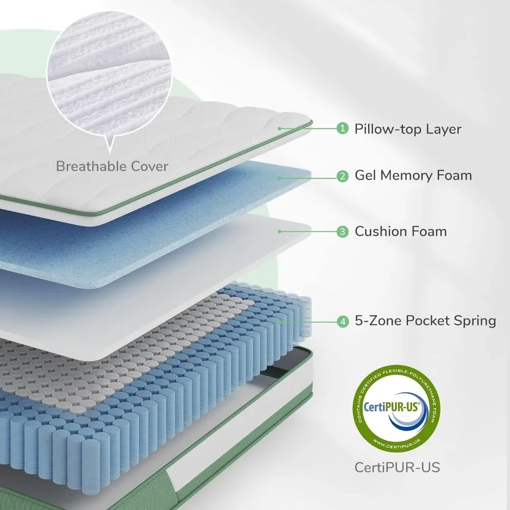 مرتبة هجينة مع رغوة ذاكرة جل لتخفيف الضغط وليلة باردة ، سرير ملكي متين ، 5 مناطق ، 12 بوصة