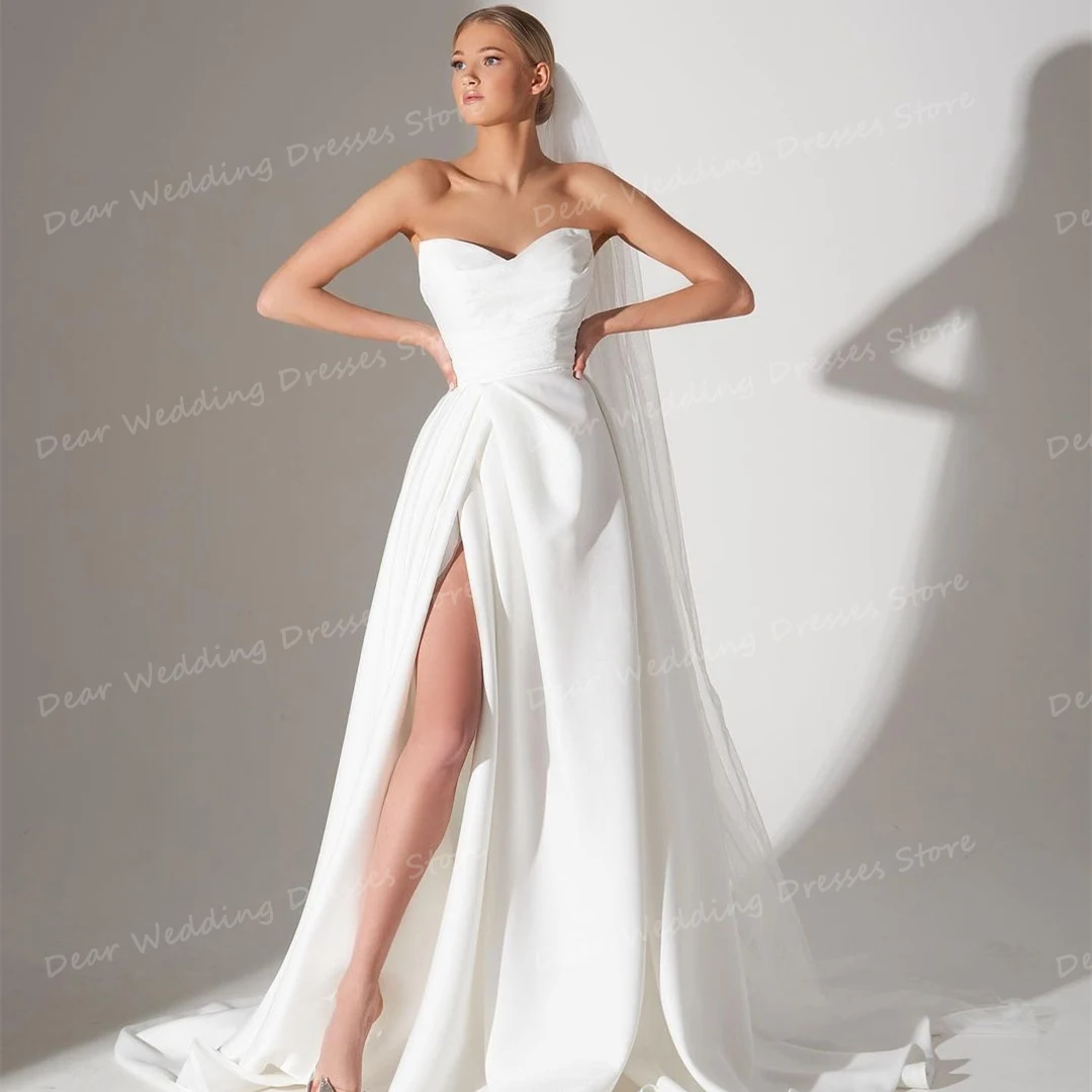 

Luxury Sweetheart Woman's Wedding Dresses A Line Pleat Satin Side Split Bridal Gowns Elegant Sleeveless Princess Formal Vistidos