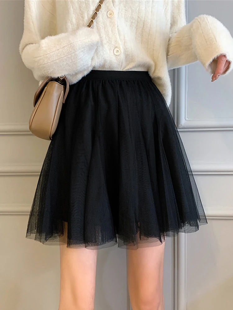 

2023 Spring Summer Women Mini Skirt Korean Mesh High Elastic Waiste Solid Black Skirts Tulle Skirts Women Clothing