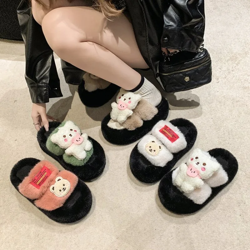 

2024 new high quality fluffy slippers women wear Korean version of ins autumn and winter casual thick bottom 5 cm cotton slipper