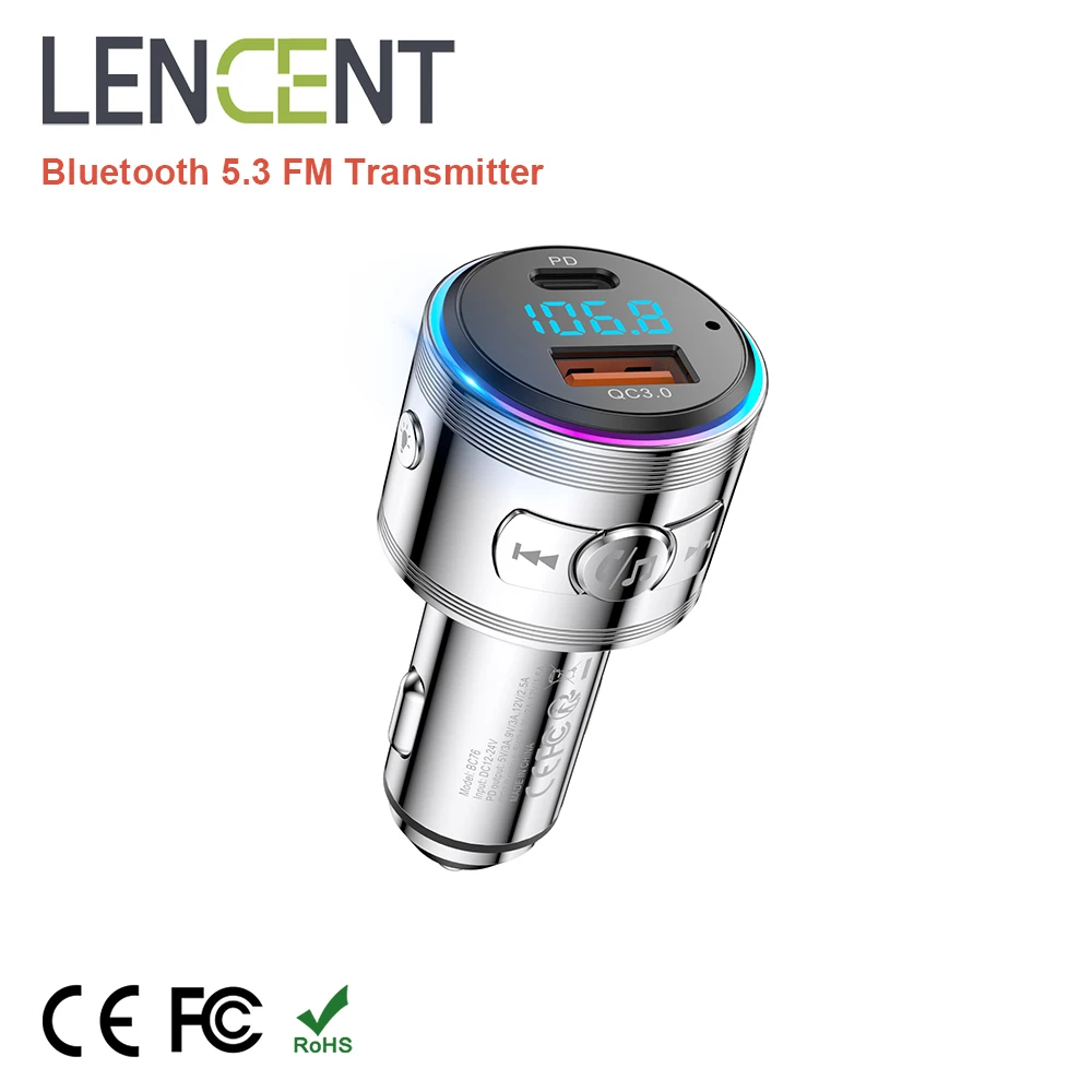 LENCENT Bluetooth 5.3 FM Transmitter Full Metal Bluetooth Car Adapter with PD 20W & QC3.0 Fast Charger Hi-Fi Music Adapter