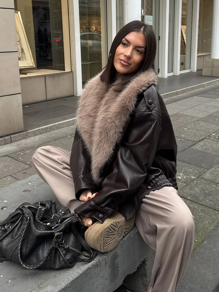 HH Woman Fashion Winter Faux Fur Effect Lapel Long Sleeves Double Breasted Pocket Decoration Jackets Female Loose Casual Coat