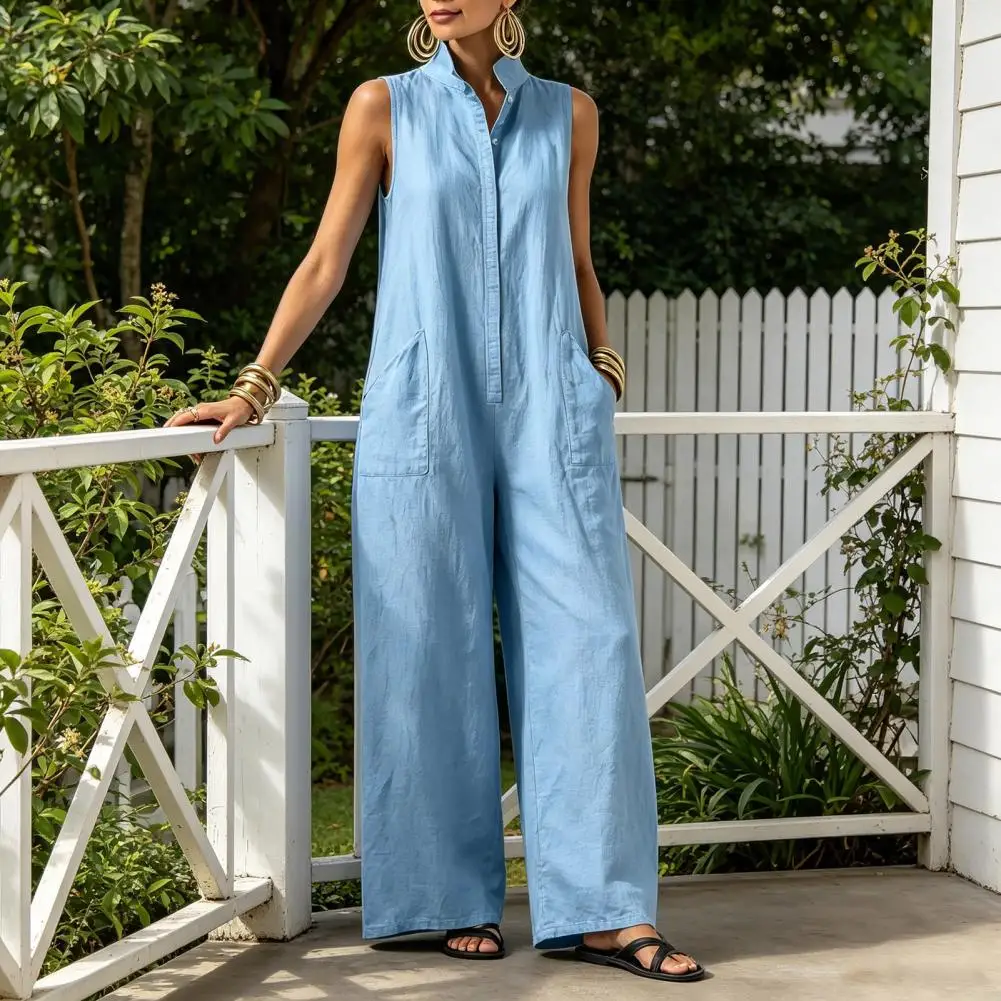 

Pocket Jumpsuit Women’s Jumpsuit with Stand Collar Button-down Wide Leg Rompers Summer One-piece Outfit with Pockets Jumpsuit