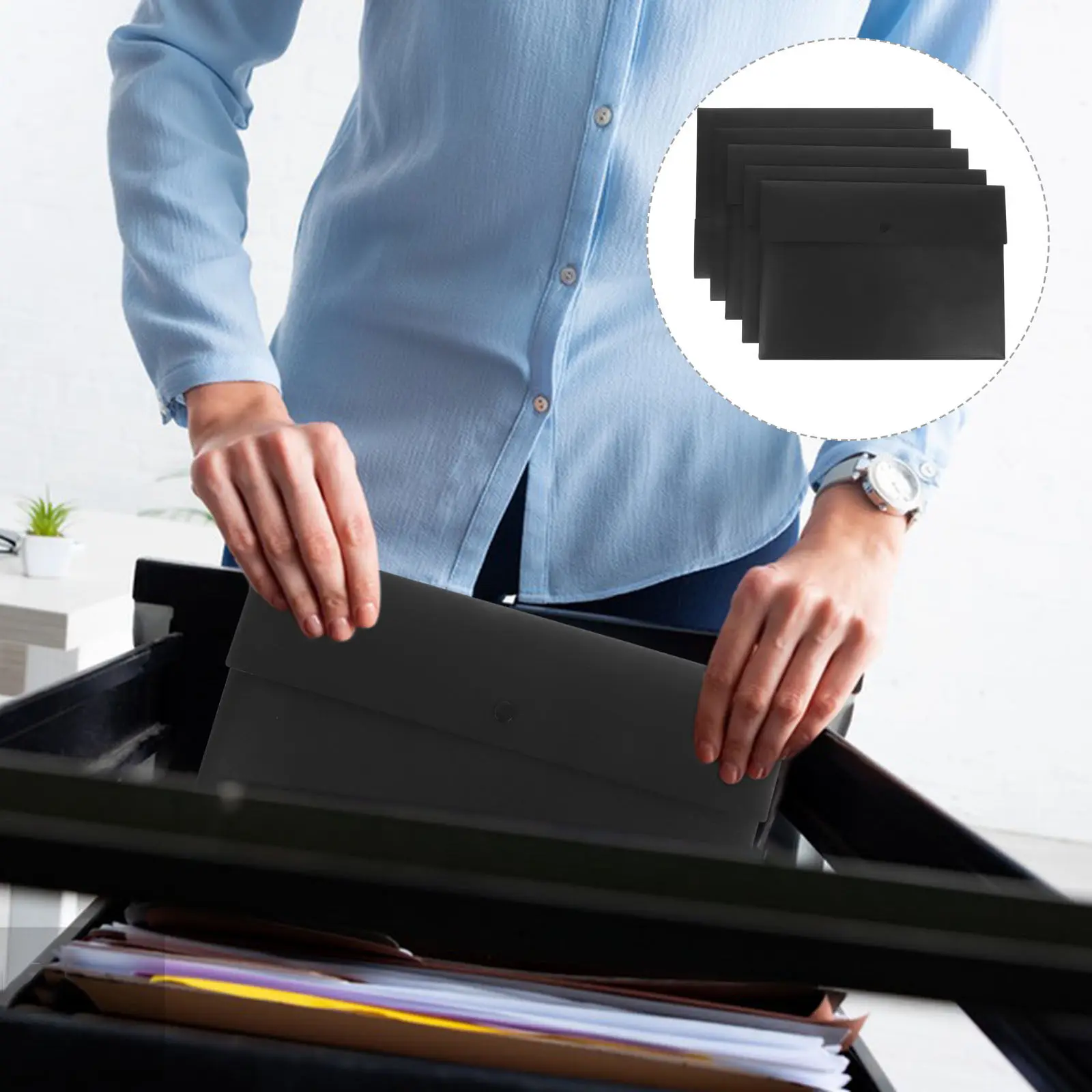 

5 шт. прозрачных карманов для документов формата А4 с возможностью нанесения надписи, застежкой-защелкой для хранения и организации файлов в офисе