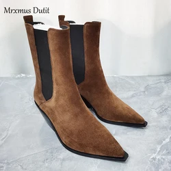 Mrxmus Dutit 2024 Autumn Winter Fashion New Women Genuine Leather Boots Rough Heel Pointed Head Simple Casual Vintage Female