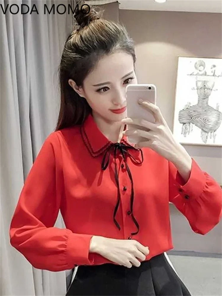 S-4XL Fashion Female Elegant Bow Tie White Blouses Chiffon Collar Casual Shirt Office Ladies Blouse Summer Blouses for Women