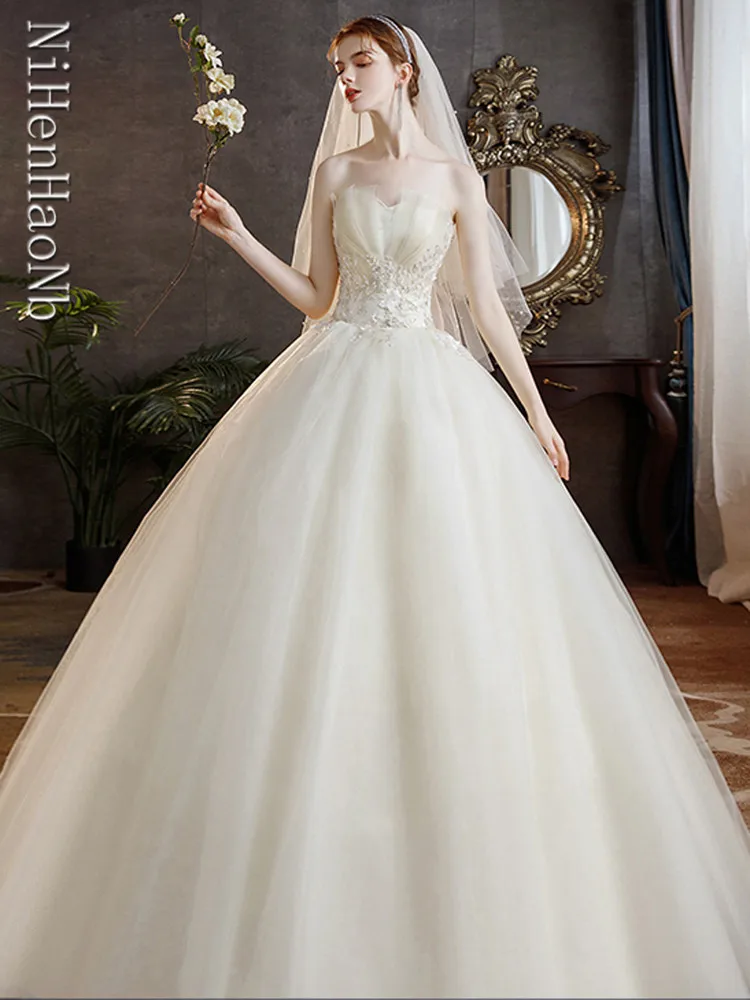 2023 Summer New Elegant Strapless Wedding Dress Tulle Applique Lace Up Bridal Dress Vestido De Noiva Plus Size Made Custom