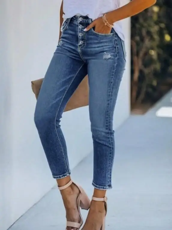 Women's Jeans for Spring and Summer Fashionable and Casual, with Folded Buttons Tight Fitting and Perforated Jeans