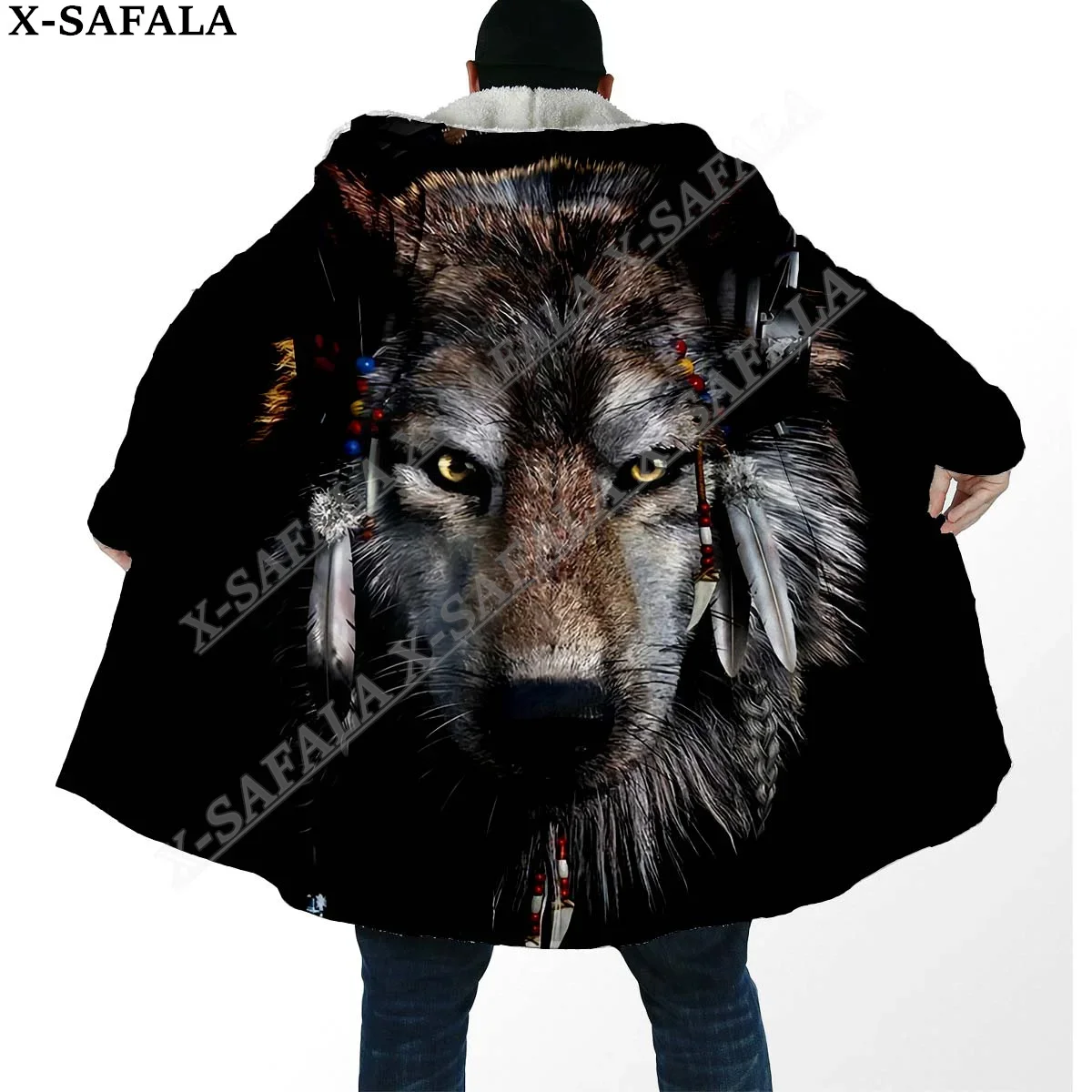 Native Dark Angry Wolf Moon 3D Print Dream Cloak Thick Warm Hooded Men Overcoat Coat Windproof Fleece Cape Robe Blanket-3